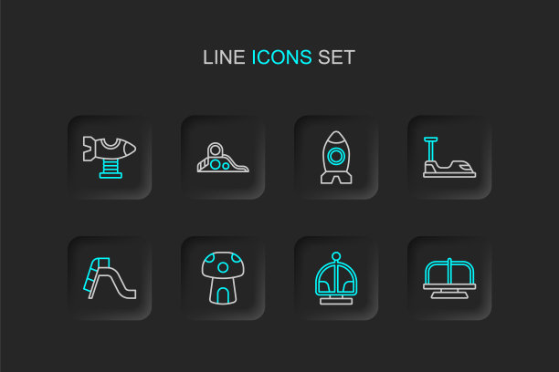 集线吸引旋转木马，蘑菇屋，滑梯游乐场，保险杠，火箭船玩具，和秋千飞机图标。向量图片下载