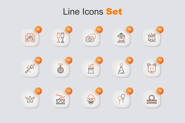 设置线过山车，气球带，小丑头，鼓鼓棒，小丑帽铃铛，熊，派对和魔术师的图标。向量图片下载