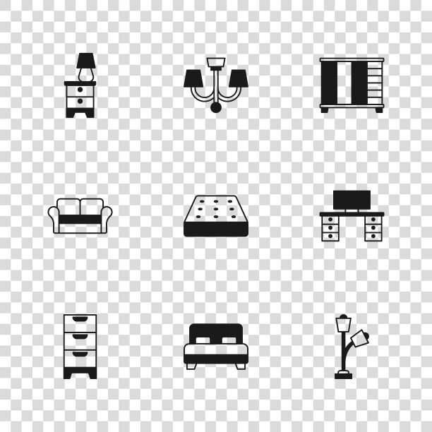 设置大床，办公桌，落地灯，床垫，衣柜，家具床头柜，吊灯和沙发图标。向量图片下载
