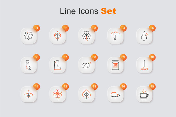 咖啡杯，刺猬，叶子，四叶草，加拿大枫，花园耙，果酱罐和烤火鸡图标。向量图片下载