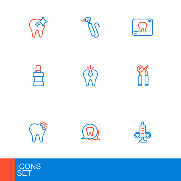 设置线注射器，牙齿，断牙，牙镜和探针，漱口水，x射线和钻图标。向量图片下载