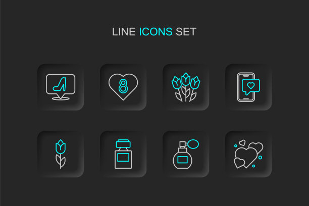 集线心脏，香水，花郁金香，手机与心脏，8三月和女人鞋图标。向量图片下载