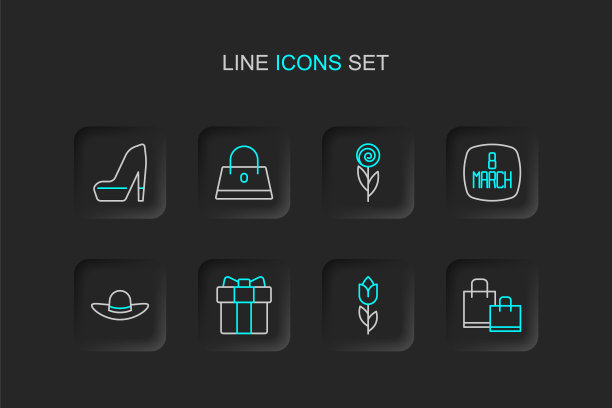 集线纸购物袋，花郁金香，礼盒和心脏，优雅的女性帽子，8三月，手袋和女性鞋的图标。向量图片下载