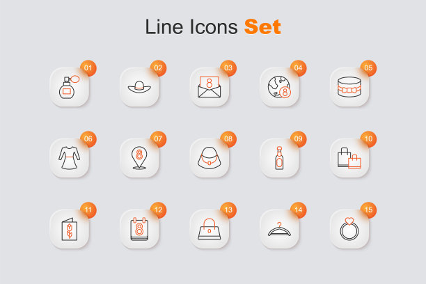 钻石订婚戒指，衣架衣橱，手提包，日历与3月8日，贺卡，纸购物，香槟瓶和图标。向量图片下载