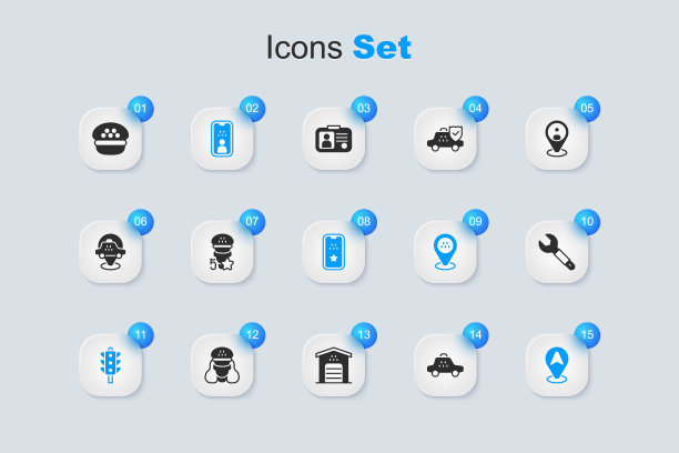 设置出租车，服务等级，驾驶执照，交通灯，位置出租车，扳手扳手，帽子和移动应用程序图标。向量图片下载