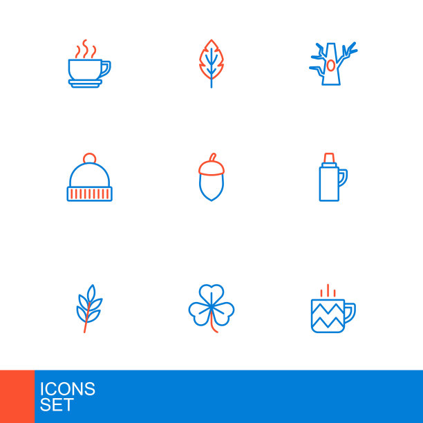 集线杯茶，三叶草，叶子，保温瓶容器，冬帽，橡实，裸树和图标。向量图片下载