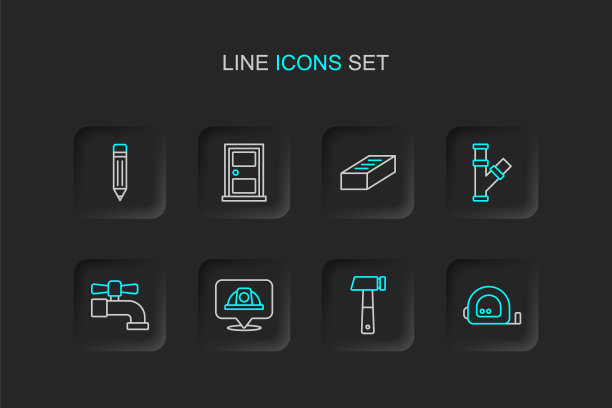 集轮盘赌建筑，锤子，工人安全帽，水龙头，工业金属管，砖，闭门和铅笔与橡皮图标。向量图片下载