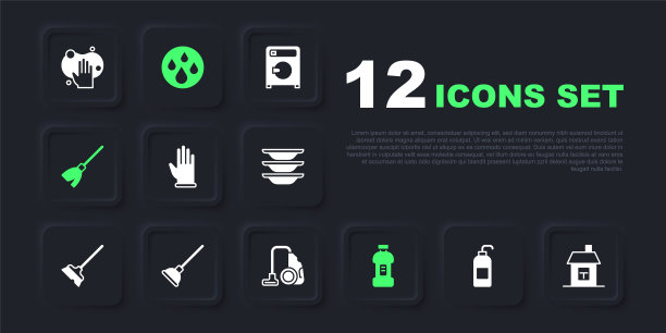 集抗菌皂，房子，橡胶手套，瓶洗涤剂，处理扫帚，柱塞，水滴和真空吸尘器图标。向量图片下载