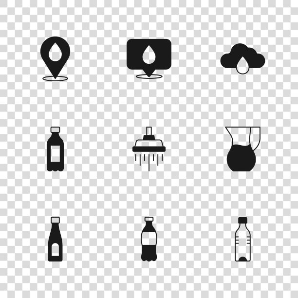集瓶装水，壶玻璃，淋浴，云雨，水滴的位置，和图标。向量图片下载