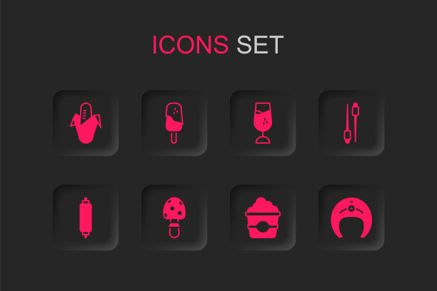 集飞木耳蘑菇，冰淇淋，玉米，爆米花在纸箱，食品筷子，鱼牛排，酒杯和擀面杖图标。向量图片下载