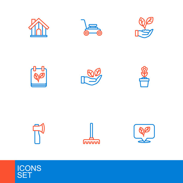 设线叶子，花园耙，木斧，花在锅，日历与秋叶，手，和割草机图标。向量图片下载