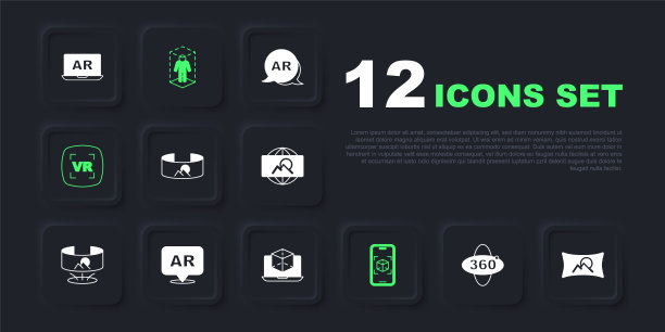 设置360度视图，广角图片，3d建模，虚拟现实，增强现实和图标。向量图片下载