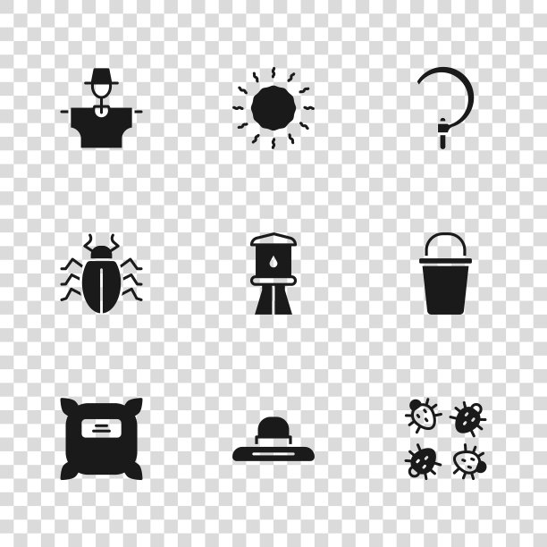 设置农民工人帽，水桶，科罗拉多甲虫，水塔，镰刀，稻草人，太阳和图标。向量图片下载