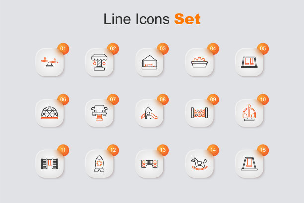 设线秋千为孩子，马马鞍秋千，游乐场桥，火箭船玩具，瑞典墙，吸引力旋转木马，教育逻辑游戏和幻灯片游乐场图标。向量图片下载