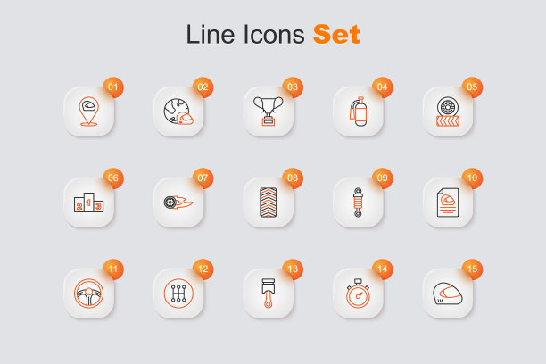 赛车头盔，汽车合金轮毂，发动机活塞，变速杆，转向，减震器和汽车轮胎图标。向量图片下载