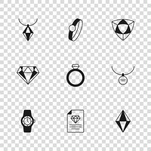 钻石，吊坠项链，宝石石，钻石订婚戒指，吊坠和图标的集证书。向量图片下载