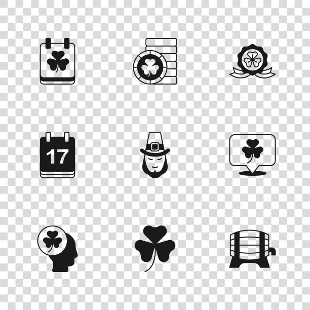 集三叶草三叶草，木桶上的架子，小妖精，奖牌与三叶草，圣帕特里克日日历，金色的小妖精硬币和图标。向量图片下载