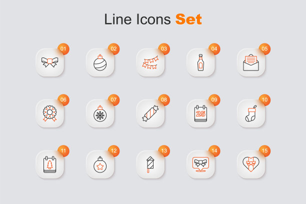 设线礼品盒，弓，烟花火箭，圣诞球，日日历，长袜，和糖果图标。向量图片下载