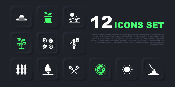 日落，铲在地面，科罗拉多甲虫，停止科罗拉多，发芽，果树，花盆和耙子图标。向量图片下载