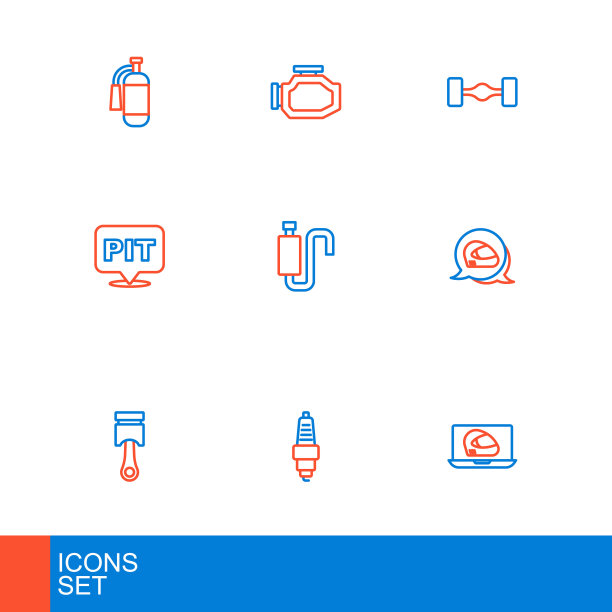 赛车头盔，汽车火花塞，发动机活塞，进站，消声器，底盘汽车和检查发动机图标。向量图片下载