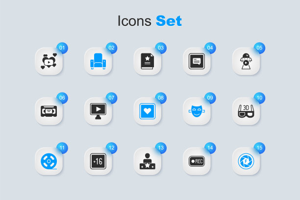 集录制按钮，在线播放视频，电影院椅子，电影卷轴，相机快门，3D电影眼镜，浪漫电影和喜欢的心图标。向量图片下载