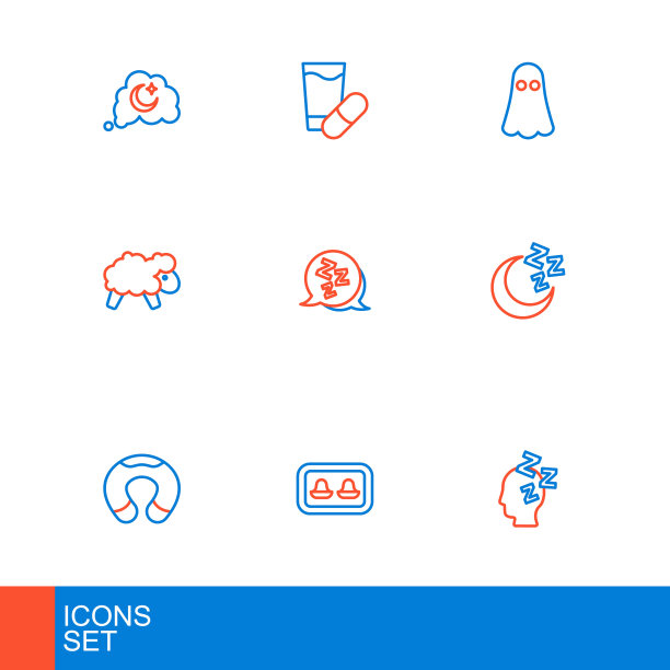 设置线梦想，耳塞与存储盒，旅行颈枕，月亮和星星，羊，困，鬼和睡觉的图标。向量图片下载