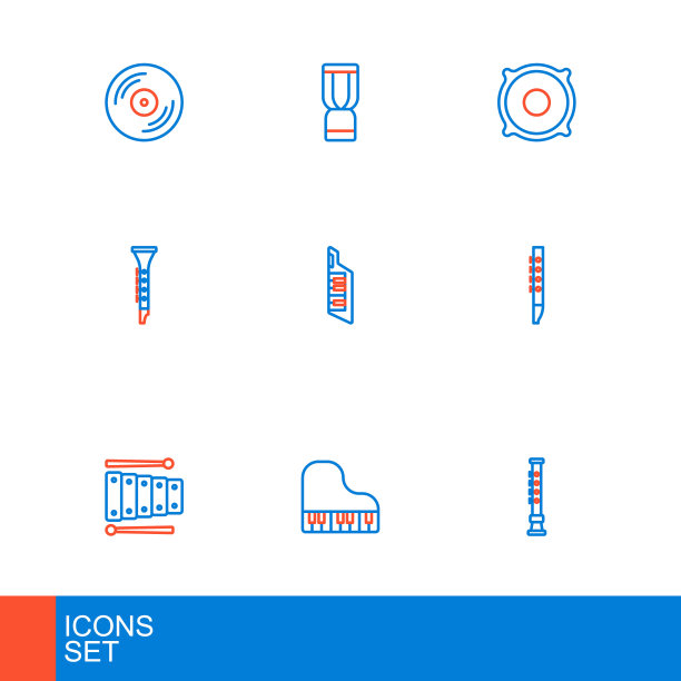 设置线长笛，三角钢琴，木琴，单簧管，键琴，立体声扬声器和非洲djembe鼓图标。向量图片下载