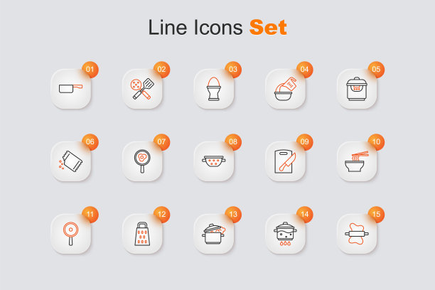 设置线擀面杖在面团，烹饪锅火，磨碎器，煎锅，亚洲面条碗，砧板和刀和厨房滤锅图标。向量图片下载