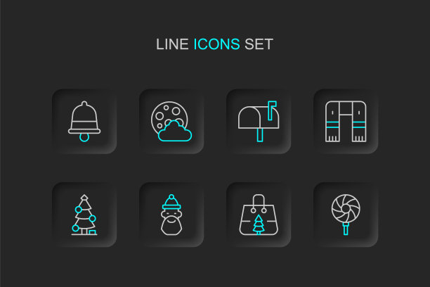 设置线棒棒糖，圣诞购物袋，圣诞老人的帽子和胡子，树，冬季围巾，邮箱，晚上和铃声图标。向量图片下载