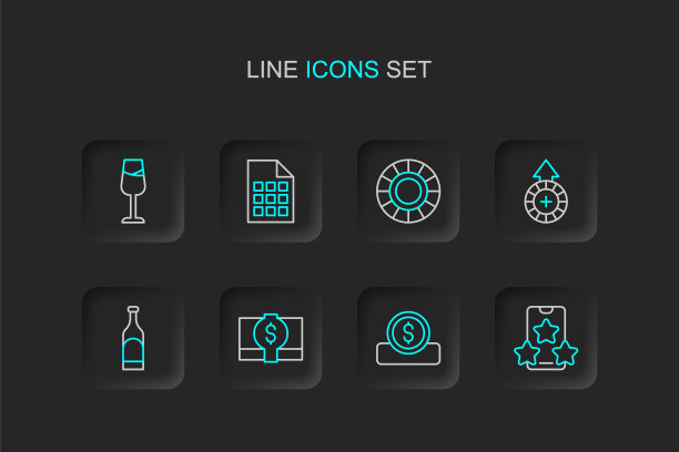 在线体育博彩，硬币钱与美元，堆栈纸现金，一瓶酒，赌场筹码，彩票和酒杯图标。向量图片下载