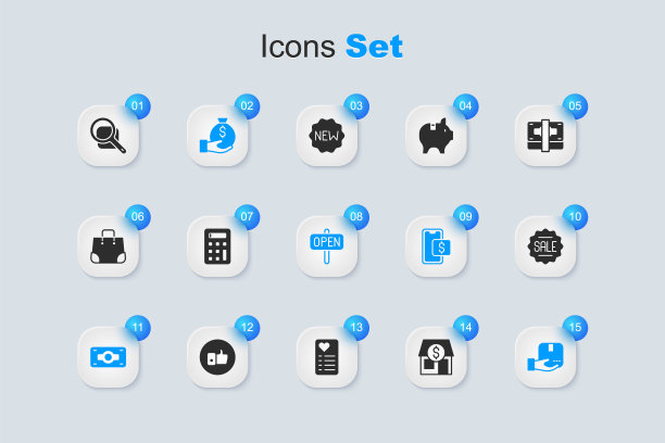 集市场商店，计算器，钱袋，堆栈纸币现金，交付手与盒子，价格标签销售，放大镜和悬挂标志文本打开图标。向量图片下载