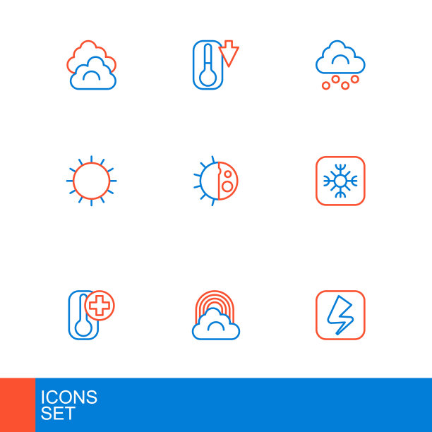 设置线闪电，彩虹与云，温度计，雪花，太阳，昼夜周期，冰雹和图标。向量图片下载