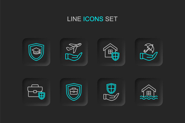 设置线房子洪水，盾在手，公文包与盾牌，伞，飞机和毕业帽图标。向量图片下载