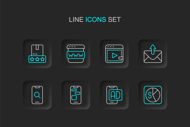 集线市场分析，广告，手机24小时支持，放大镜和手机，邮件电子邮件，视频广告，浏览器窗口和消费产品评级图标。向量图片下载