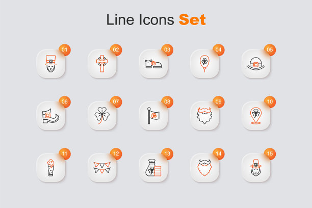 设定线妖精，胡子和胡子，钱袋与三叶草，狂欢节花环旗帜，啤酒，三叶草，和爱尔兰的图标。向量图片下载