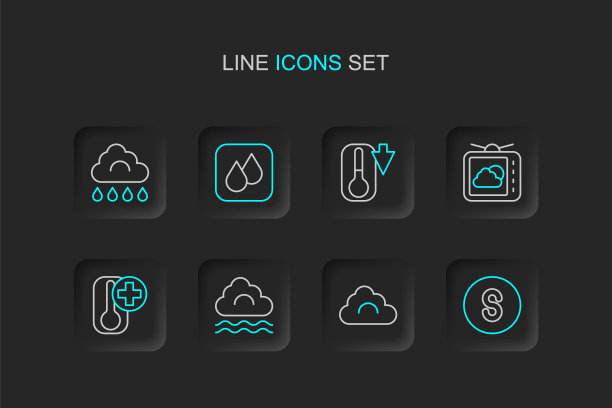设置线指南针南，云，雾和云，温度计，天气预报，水滴和雨的图标。向量图片下载