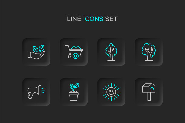 集线鸟屋，太阳，植物在锅，花园软管，树，独轮车和叶手图标。向量图片下载