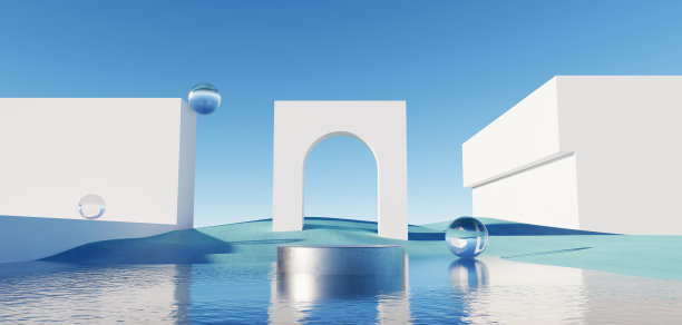 3d渲染，抽象超现实的粉彩景观背景，拱门和展示产品的平台，全景，彩色沙丘场景与复制空间，蓝天和多云，极简主义的装饰设计图片下载