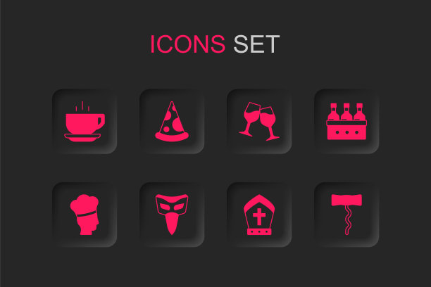 集嘉年华面具，披萨片，咖啡杯，教皇帽，酒瓶葡萄酒，葡萄酒开瓶器，玻璃和意大利厨师图标。向量图片下载