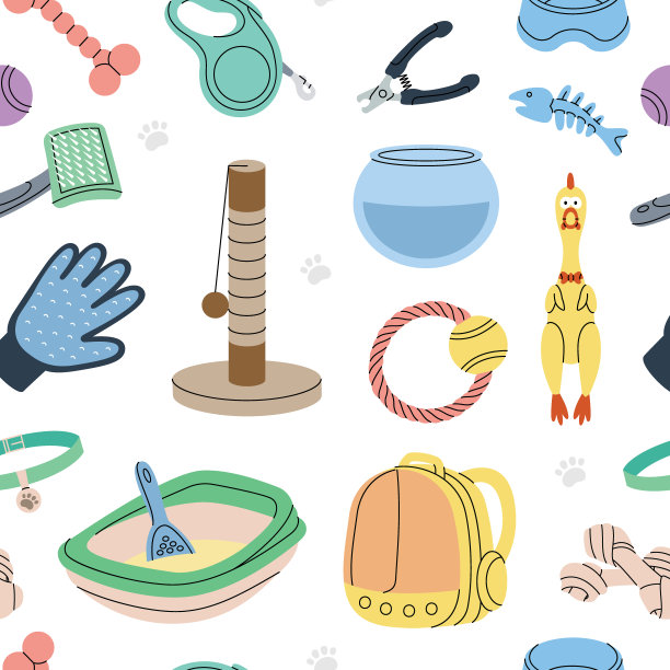 宠物用品模式。动物配件，玩具用品横幅。枕头、咀嚼玩具、奖章、剪刀、指甲钳、刷子、除毛器、鱼缸图片下载