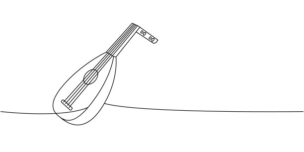琵琶、弦乐器一行连续绘制。乐器连续一行插图。矢量极简线性图解图片下载
