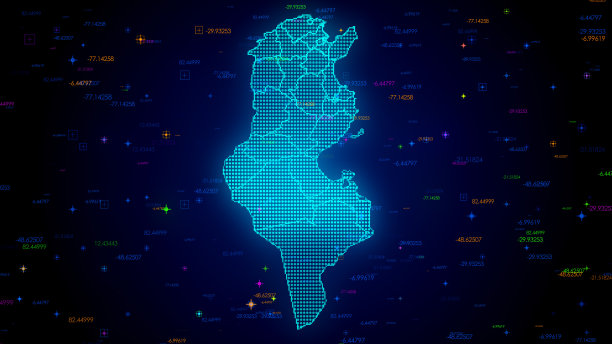 未来的蓝色彩色闪亮的数字技术Hud点马赛克网格突尼斯地图单独的区域光扫描与数字技术粒子图片下载