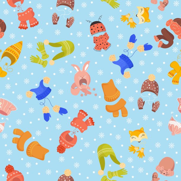 无缝图案与冬季针织帽子和连指手套。装饰纺织品、包装纸、墙纸设计。幼稚的印花面料。卡通平隔羊毛保暖头饰。向量的概念图片下载