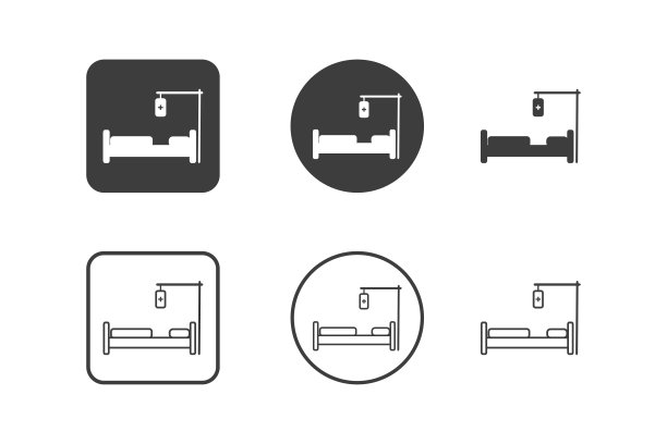 医院病床图标设计6种变化。医院图标集，隔离在白色背景上。图片下载
