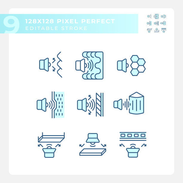 一组可编辑的像素完美的蓝色隔音图标图片下载