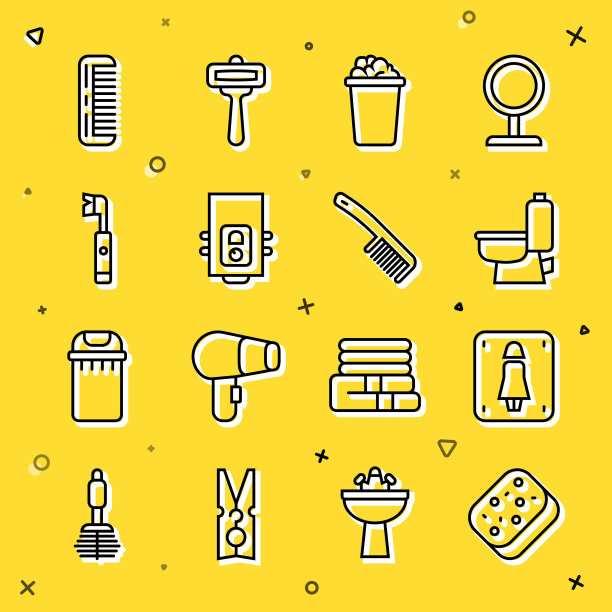 集线海绵，女马桶，马桶，桶与肥皂泡沫，燃气锅炉，电动牙刷，发刷和图标。向量图片下载