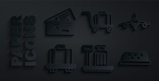 设置秤与行李箱，飞机，传送带，出租车车顶，电车行李和机票图标。向量图片下载