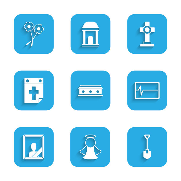 设置棺材与十字架，天使，铲子，击败死亡监视器，哀悼相框，日历死亡，坟墓和花的图标。向量图片下载