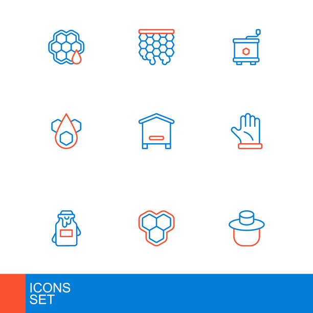 集线养蜂人与保护帽，蜂窝，蜂蜜罐，手套，蜂箱，提取器和图标。向量图片下载