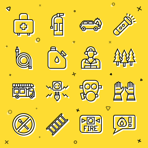 设置线电话拨打911，消防员手套，森林，燃烧的汽车，罐式燃料，软管卷轴，急救箱和图标。向量图片下载